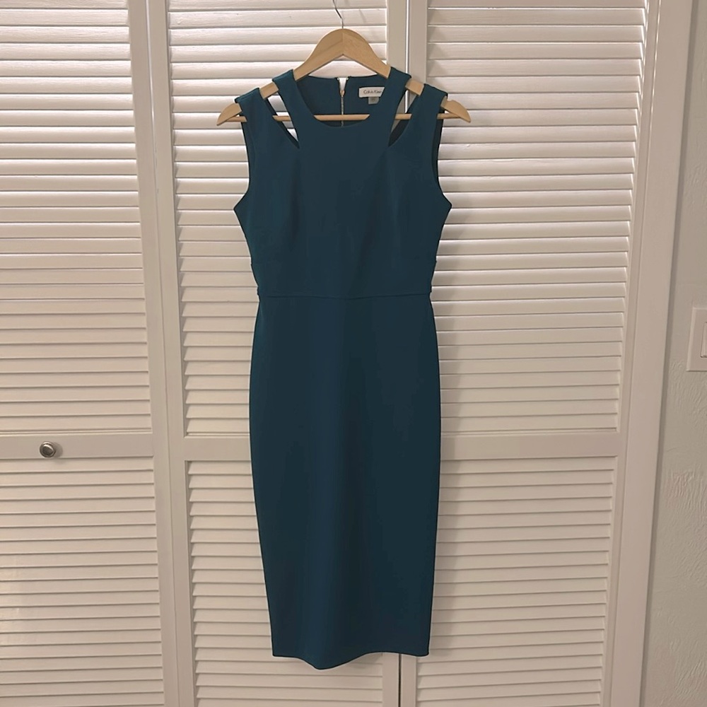 Calvin Klein dress, size 4. Gold zipper and slit in back. blue/green color.